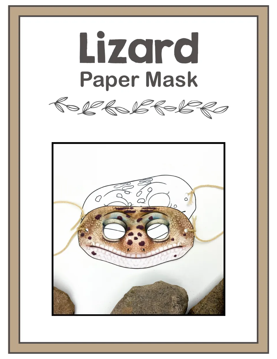 Lizard Paper Mask cover showing the completed color mask and an uncolored version with string ties