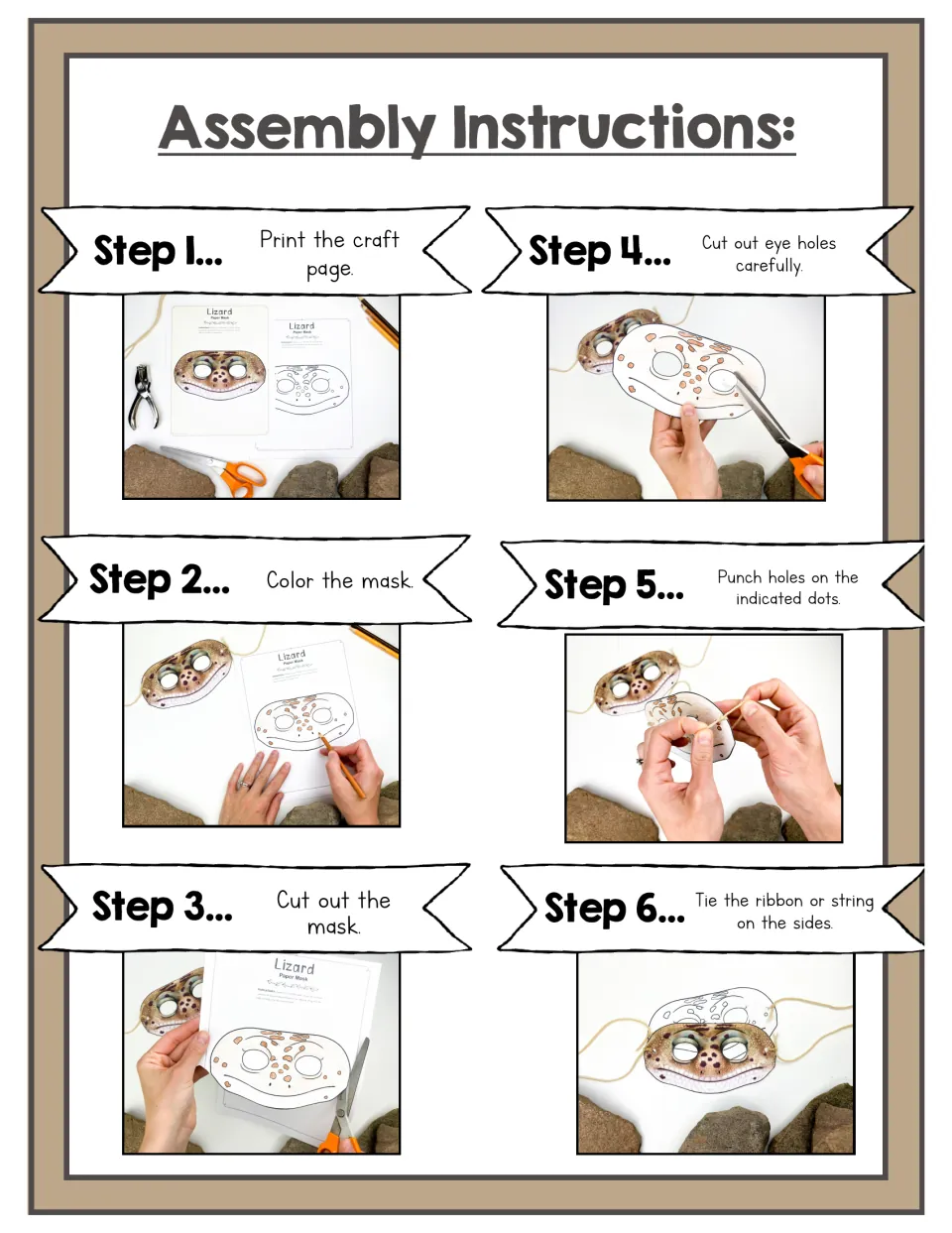 Mask assembly instructions: print, color, cut out the mask and eye holes, punch side holes, and tie string