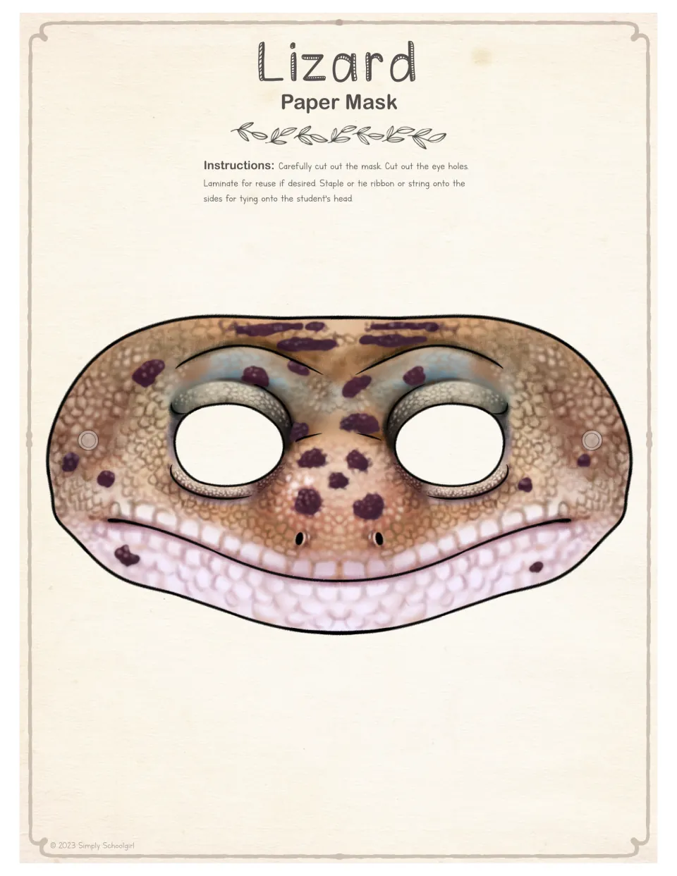 Full-color lizard mask template with eye openings and side hole markers, ready to cut out and attach ties