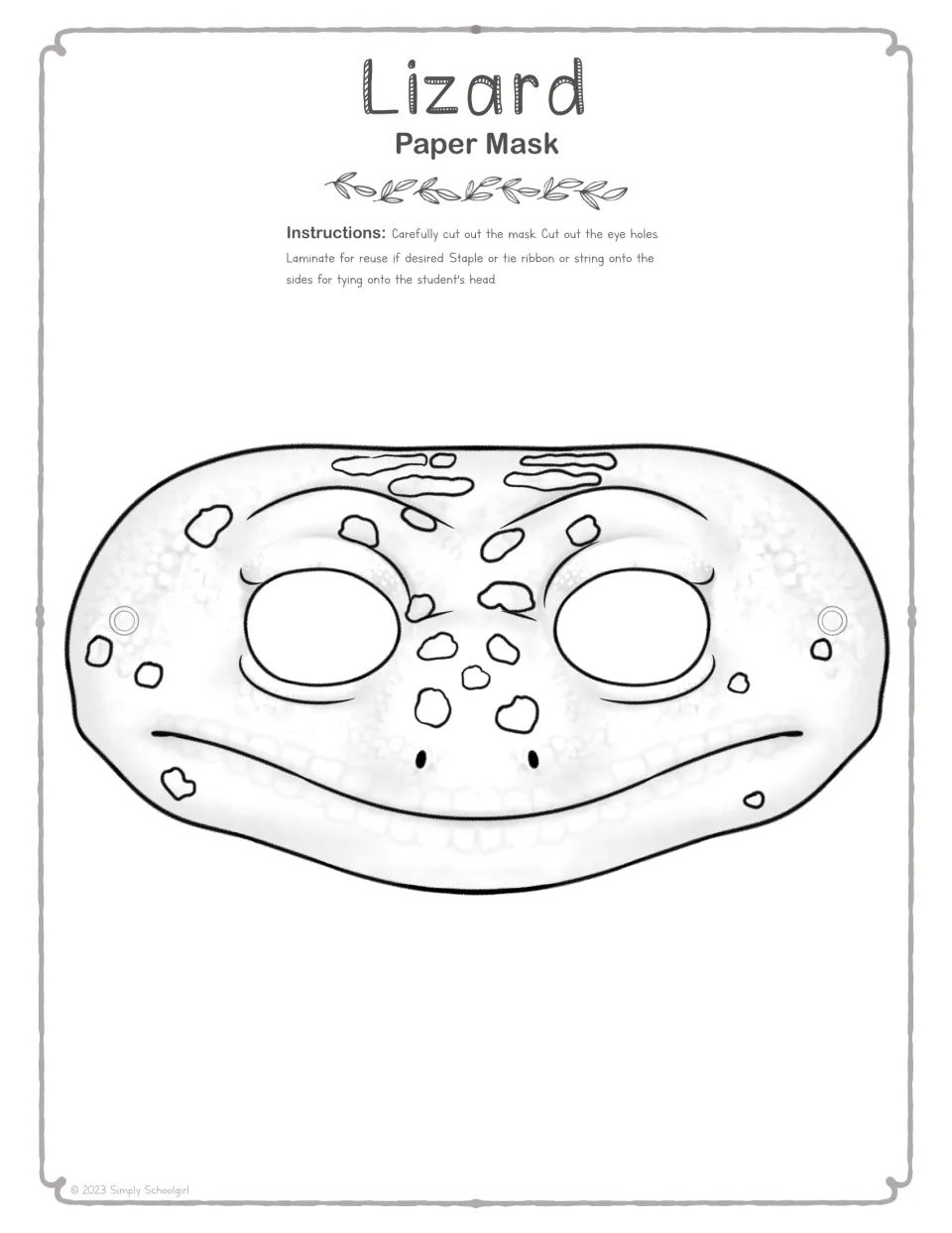 Black-and-white lizard mask template for coloring, with spots, eye openings, and side hole markers