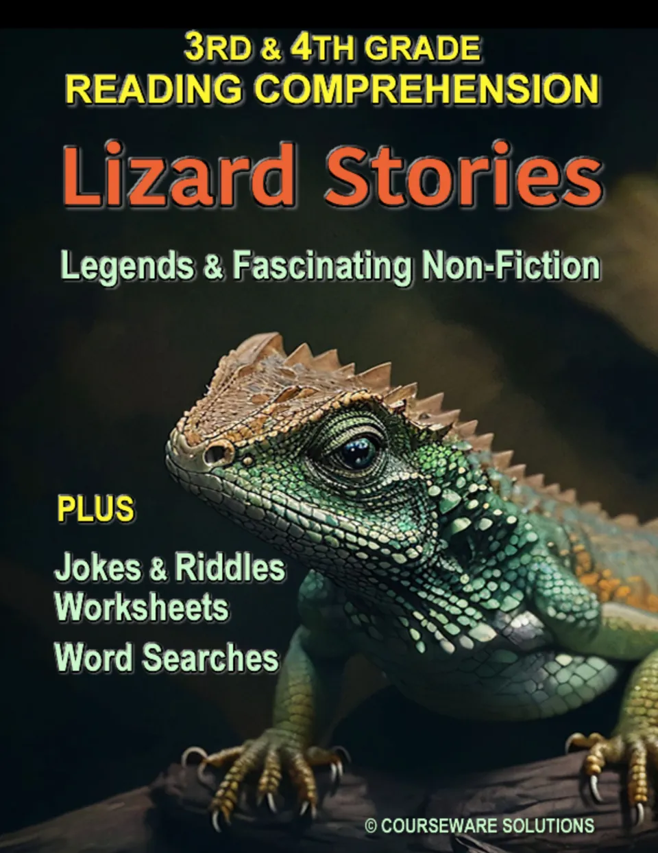 Reading packet cover introducing lizard legends, nonfiction, jokes, riddles, and word searches for grades 3–4