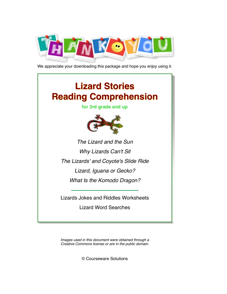 Reading packet contents listing five lizard passages, plus jokes and riddles worksheets and word searches