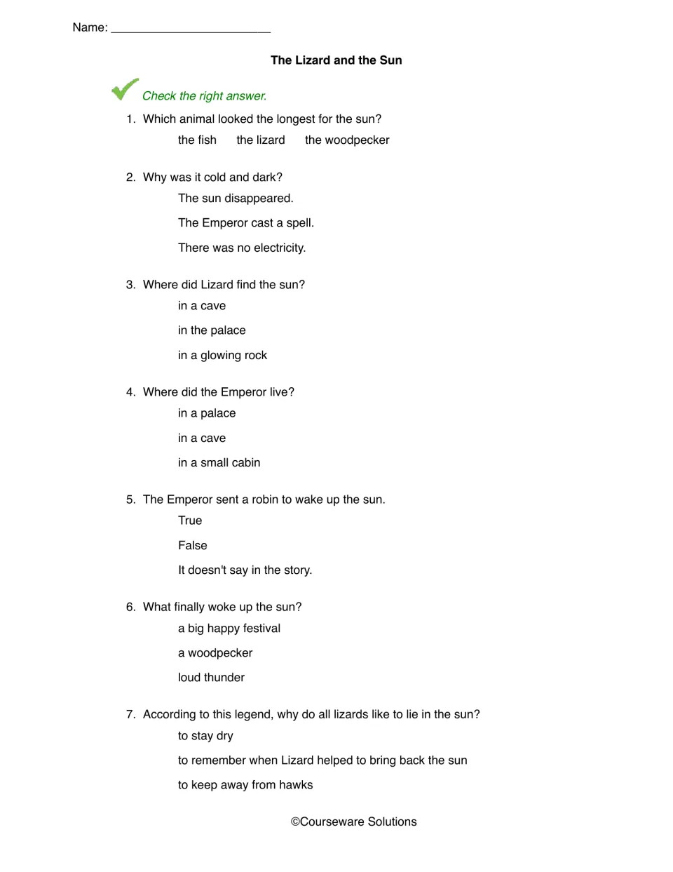 The Lizard and the Sun comprehension sheet with seven questions about the missing sun, Emperor, and festival