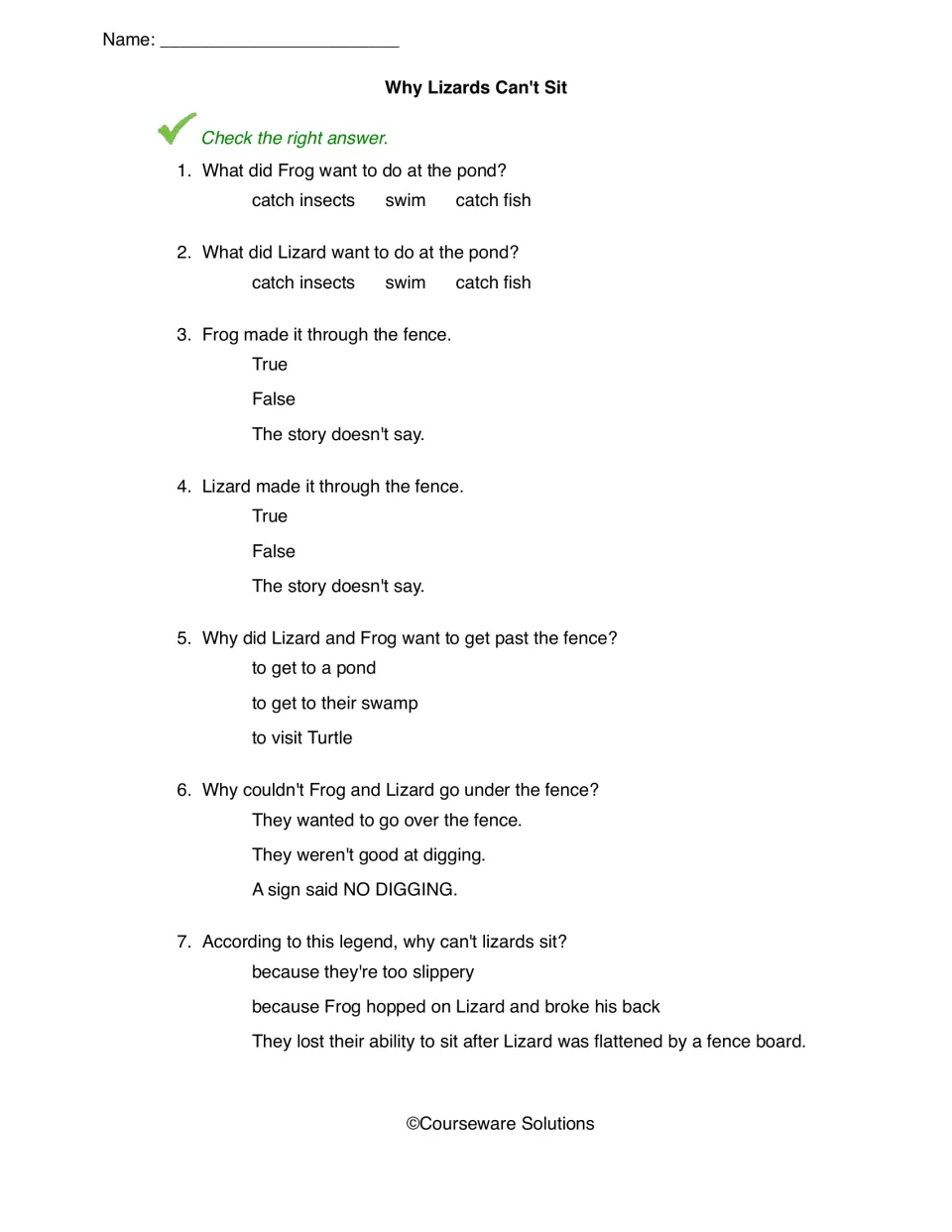 Why Lizards Can't Sit comprehension sheet with seven questions about the pond, fence, and Lizard's mishap