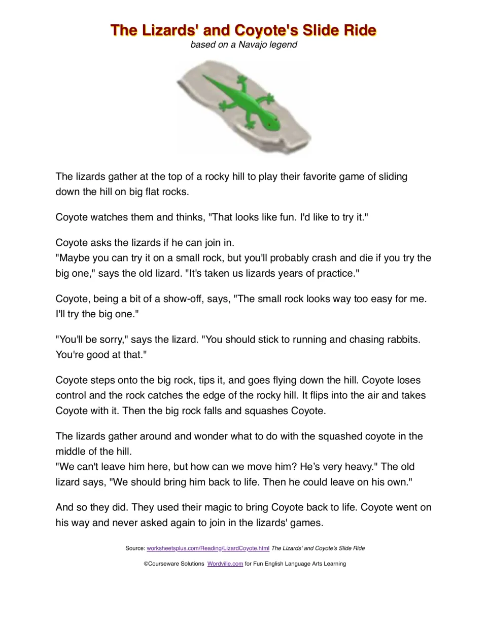 The Lizards' and Coyote's Slide Ride passage: Coyote ignores a warning, crashes, and is revived by magic
