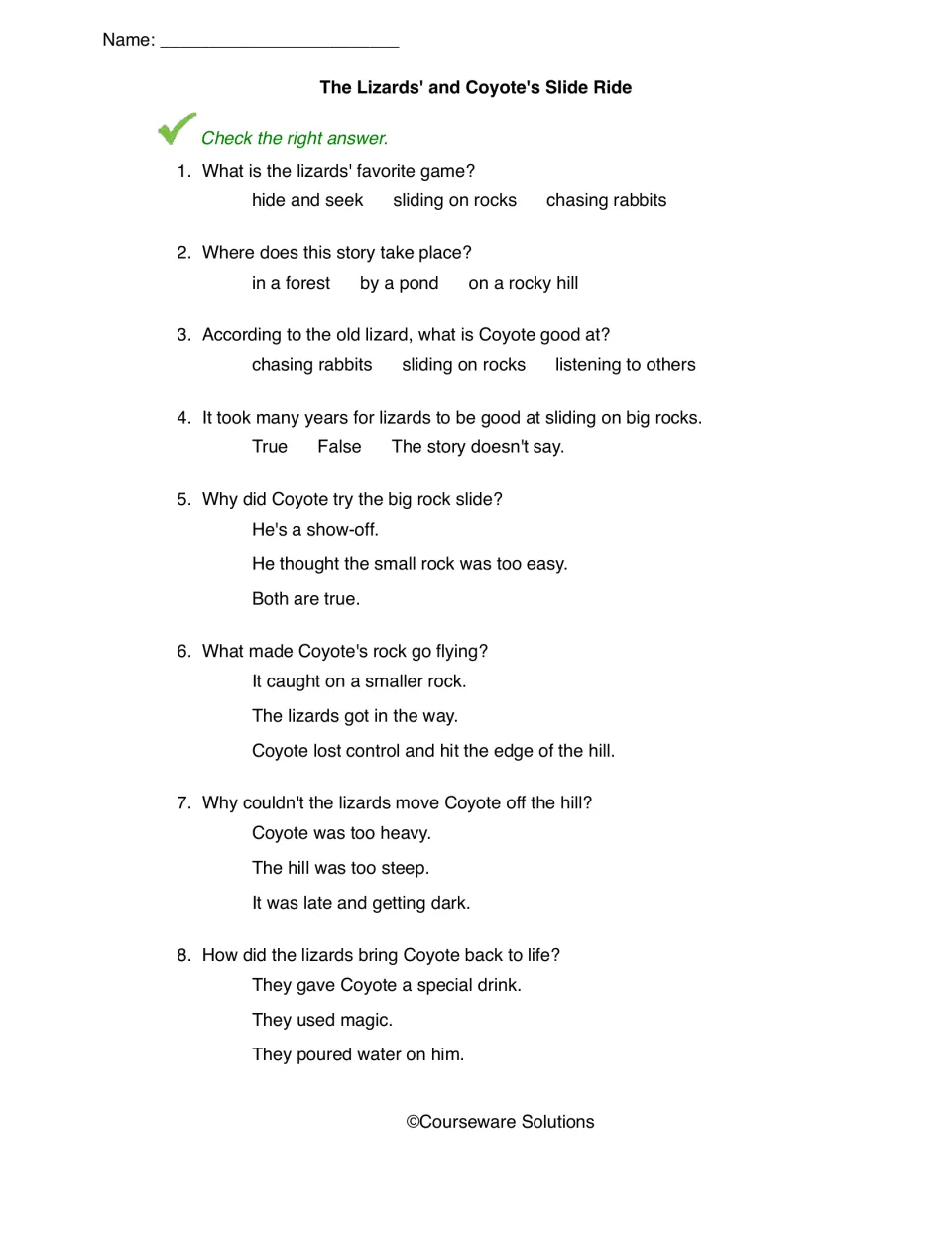 The Lizards' and Coyote's Slide Ride comprehension sheet with eight questions about the game and crash