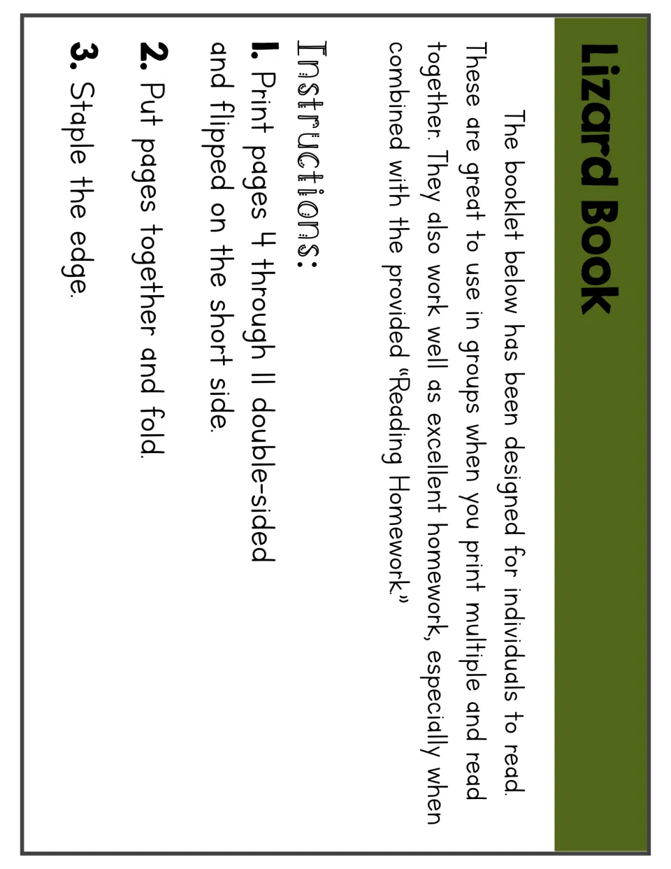 Lizard booklet assembly instructions: print pages 4–11 double-sided, flip on the short side, fold, and staple