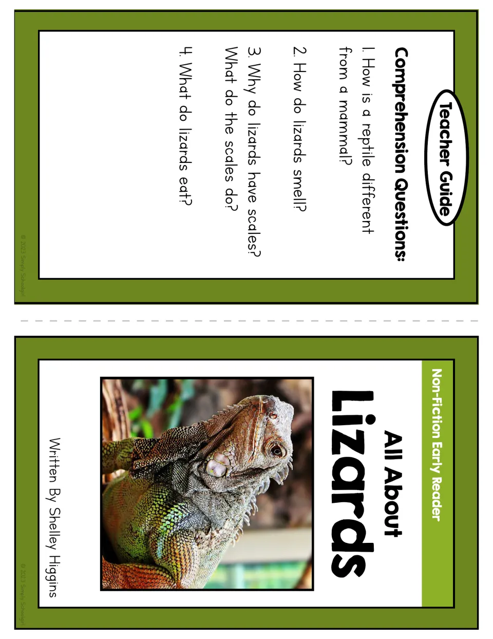 Booklet cover and teacher guide with four comprehension questions about reptiles, smell, scales, and food