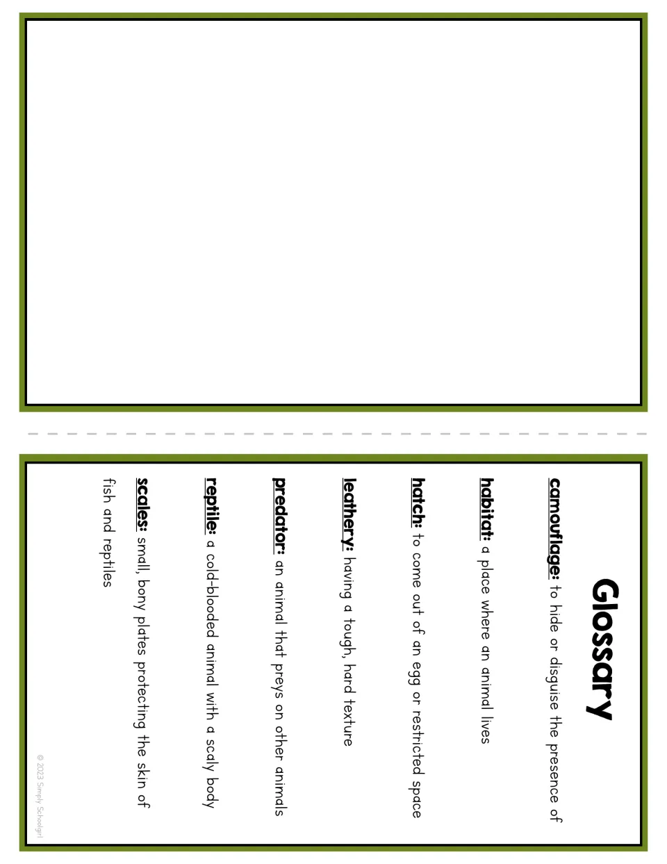 Booklet glossary defining camouflage, habitat, hatch, leathery, predator, reptile, and scales beside a blank half