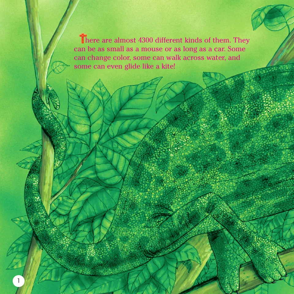 Book page 1 introduces a lizard guessing question with clues about size, color changes, walking and gliding