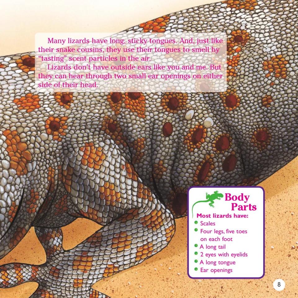 Book page 8 explains tongues sensing scents and ear openings for hearing, then summarizes lizard body parts