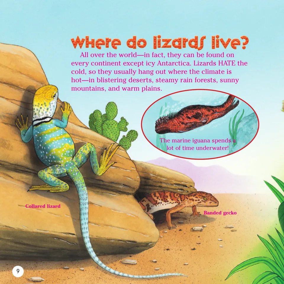 Book page 9 introduces lizard habitats and illustrates a collared lizard, banded gecko and marine iguana