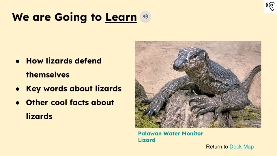 Learning goals introduce how lizards defend themselves, key words, and facts beside a Palawan water monitor.