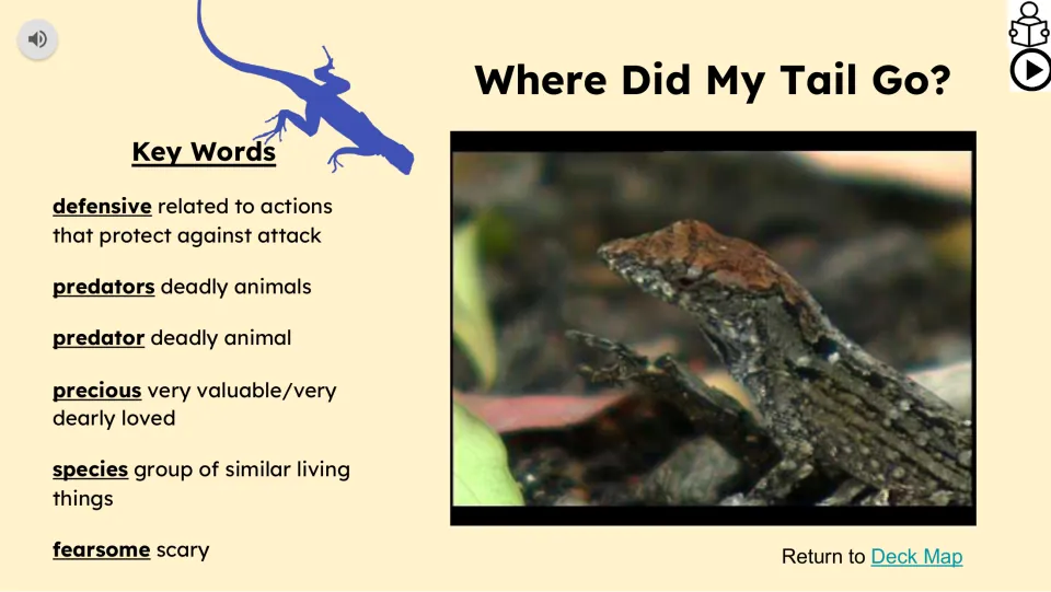 Vocabulary and video slide for Where Did My Tail Go? defines defensive, predators, precious, species, and more.