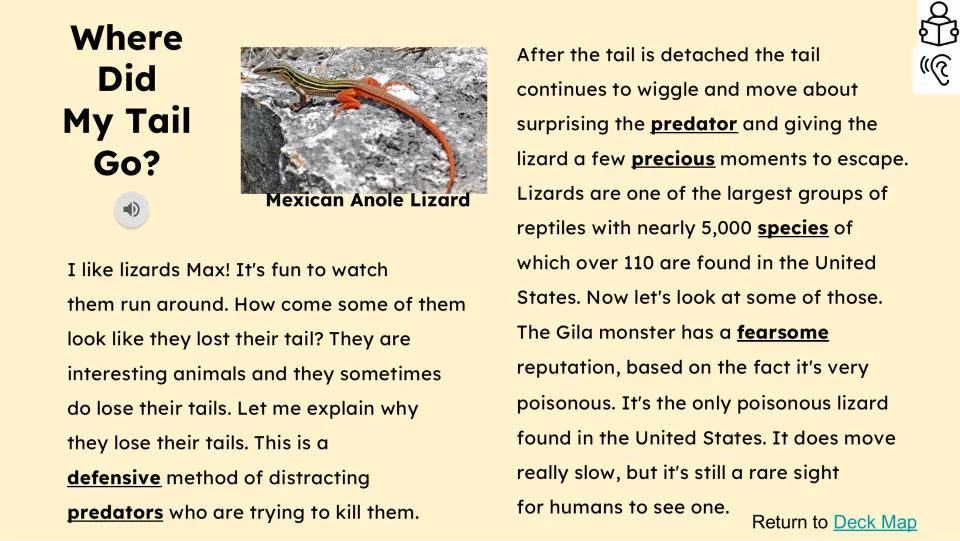 Reading passage opening explains tail loss as a lizard defense, a detached tail's movement, and the Gila monster.