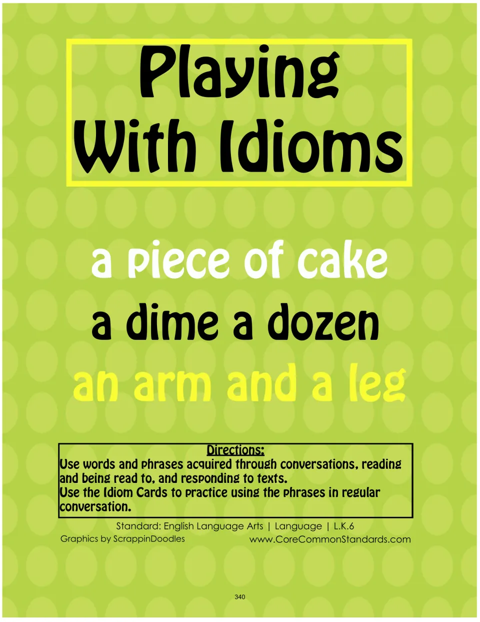 Playing With Idioms directions introduce phrase cards for conversation practice, including a piece of cake
