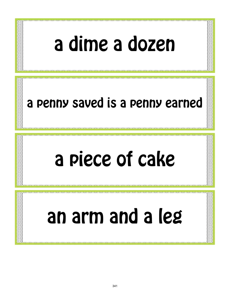 Idiom cards 1–4: a dime a dozen, a penny saved is a penny earned, a piece of cake, and an arm and a leg