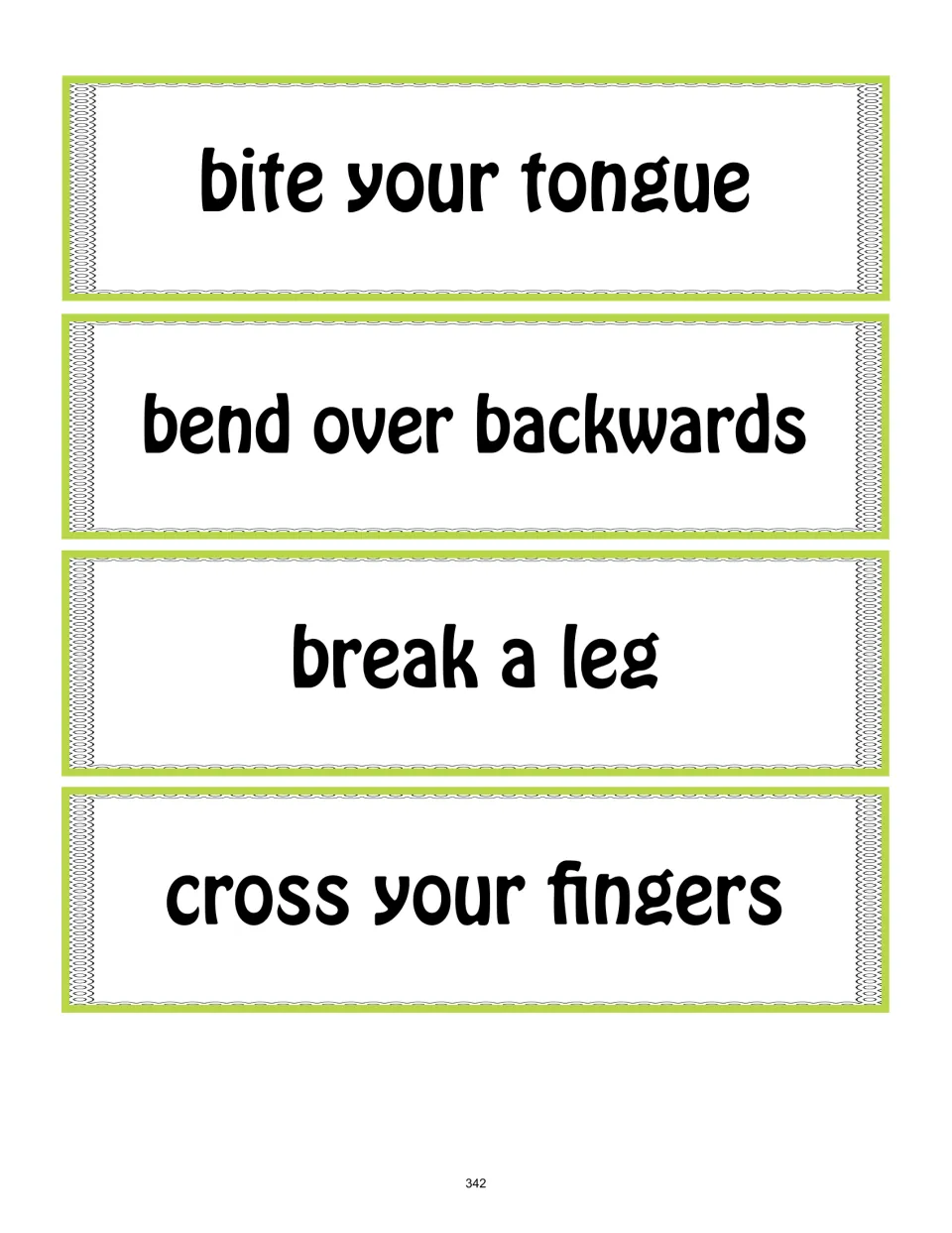 Idiom cards 5–8: bite your tongue, bend over backwards, break a leg, and cross your fingers