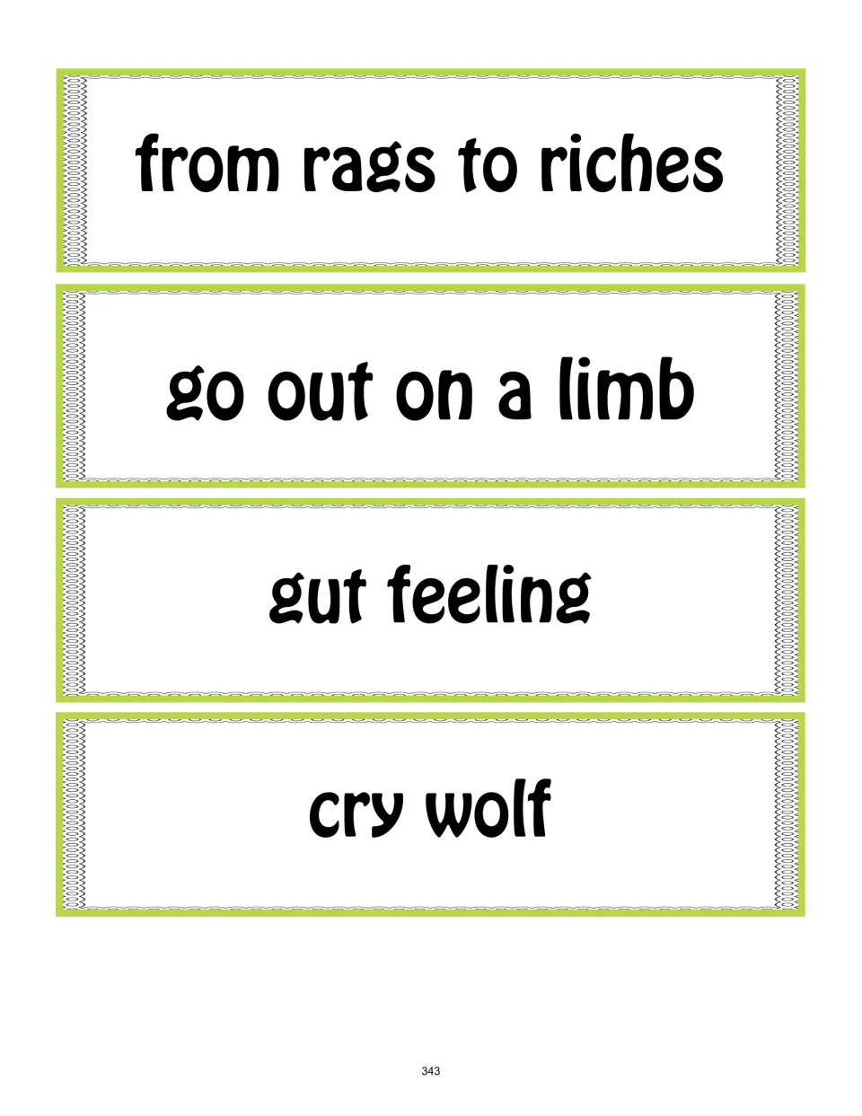 Idiom cards 9–12: from rags to riches, go out on a limb, gut feeling, and cry wolf