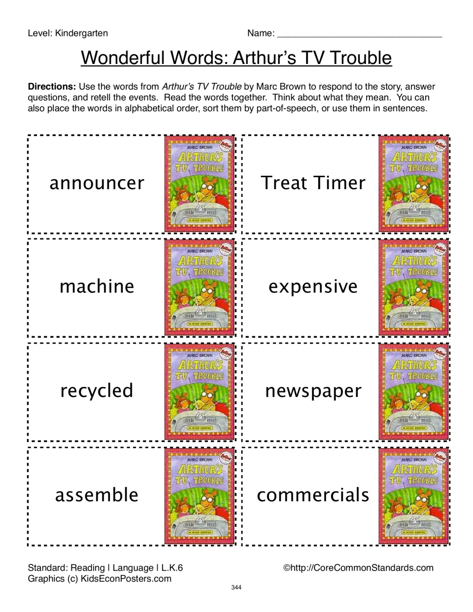 Arthur’s TV Trouble vocabulary sheet: eight cards including announcer, Treat Timer, machine, and expensive