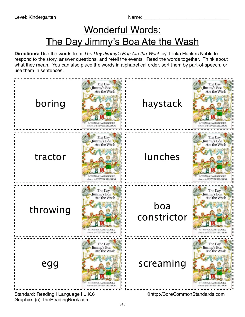 The Day Jimmy’s Boa Ate the Wash vocabulary sheet: eight cards including boring, haystack, and tractor