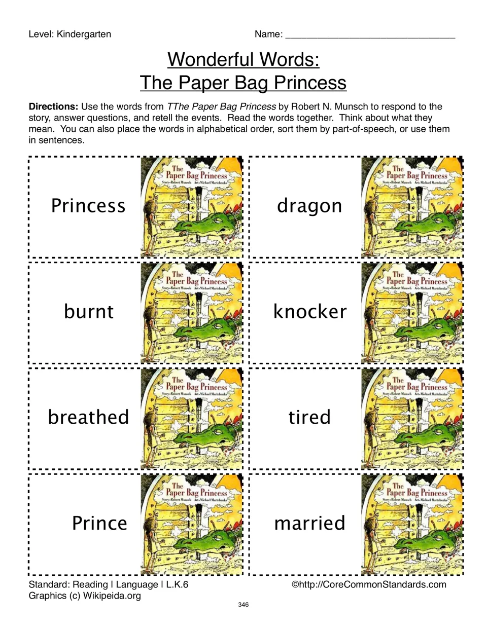 The Paper Bag Princess vocabulary sheet: eight cards including princess, dragon, burnt, and knocker