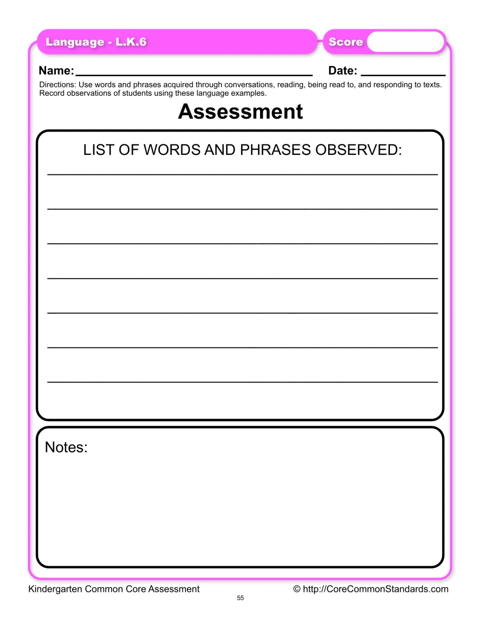 L.K.6 observation assessment for recording words and phrases students use, with notes and a score field