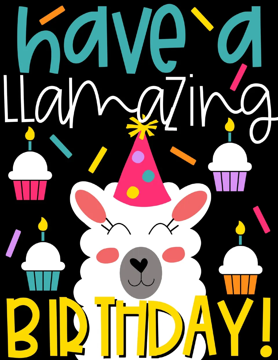 Birthday display poster reading 'have a LLamazing BIRTHDAY!' with a party-hat llama and four cupcakes