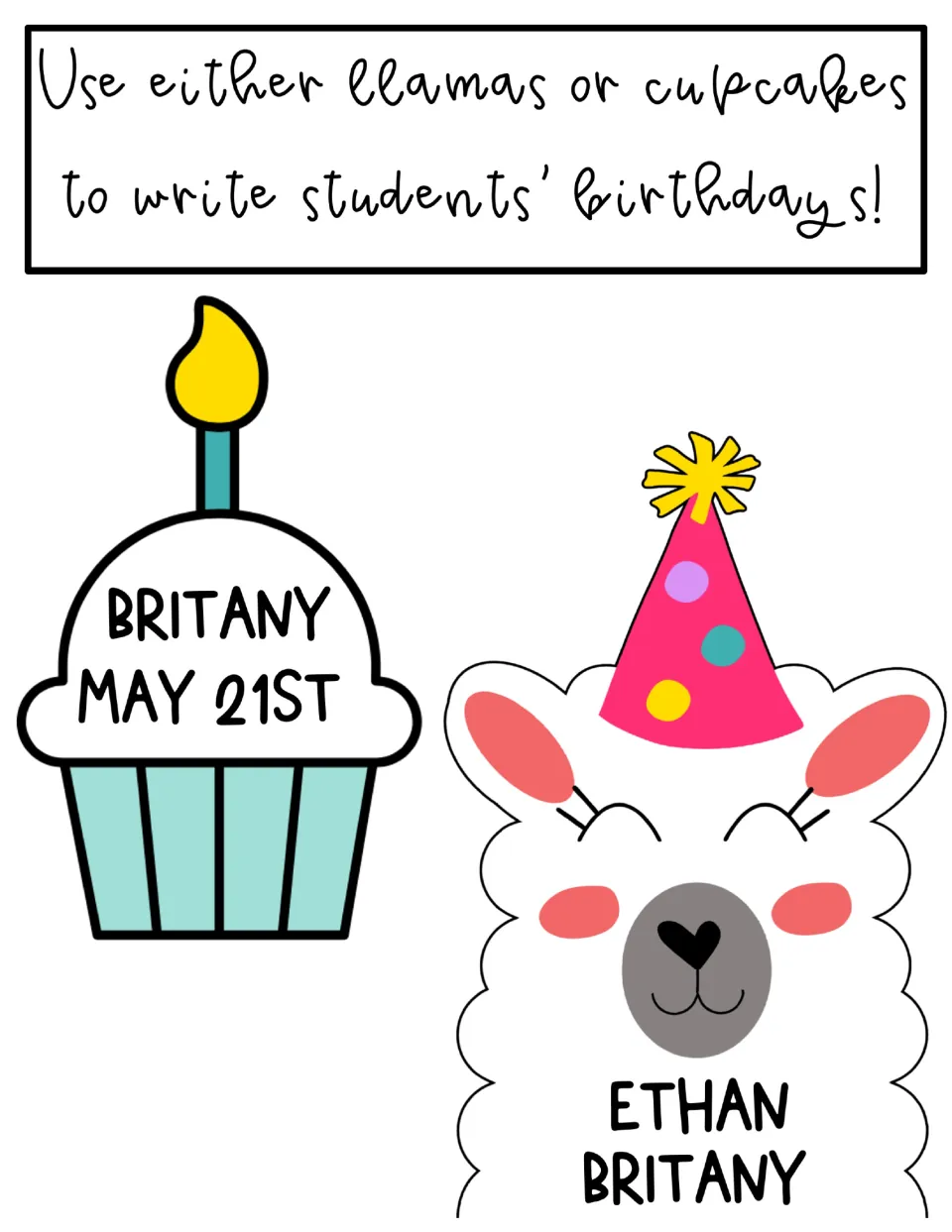 Birthday display personalization examples: a cupcake labeled 'BRITANY MAY 21ST' and a llama with names