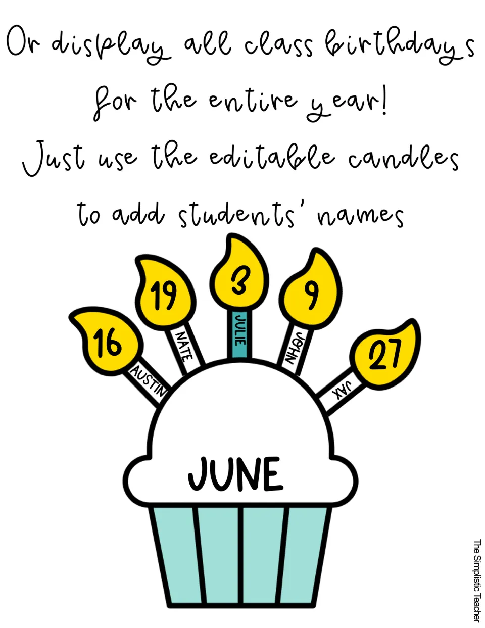 Year-round birthday display example: a June cupcake with five editable candles showing names and dates