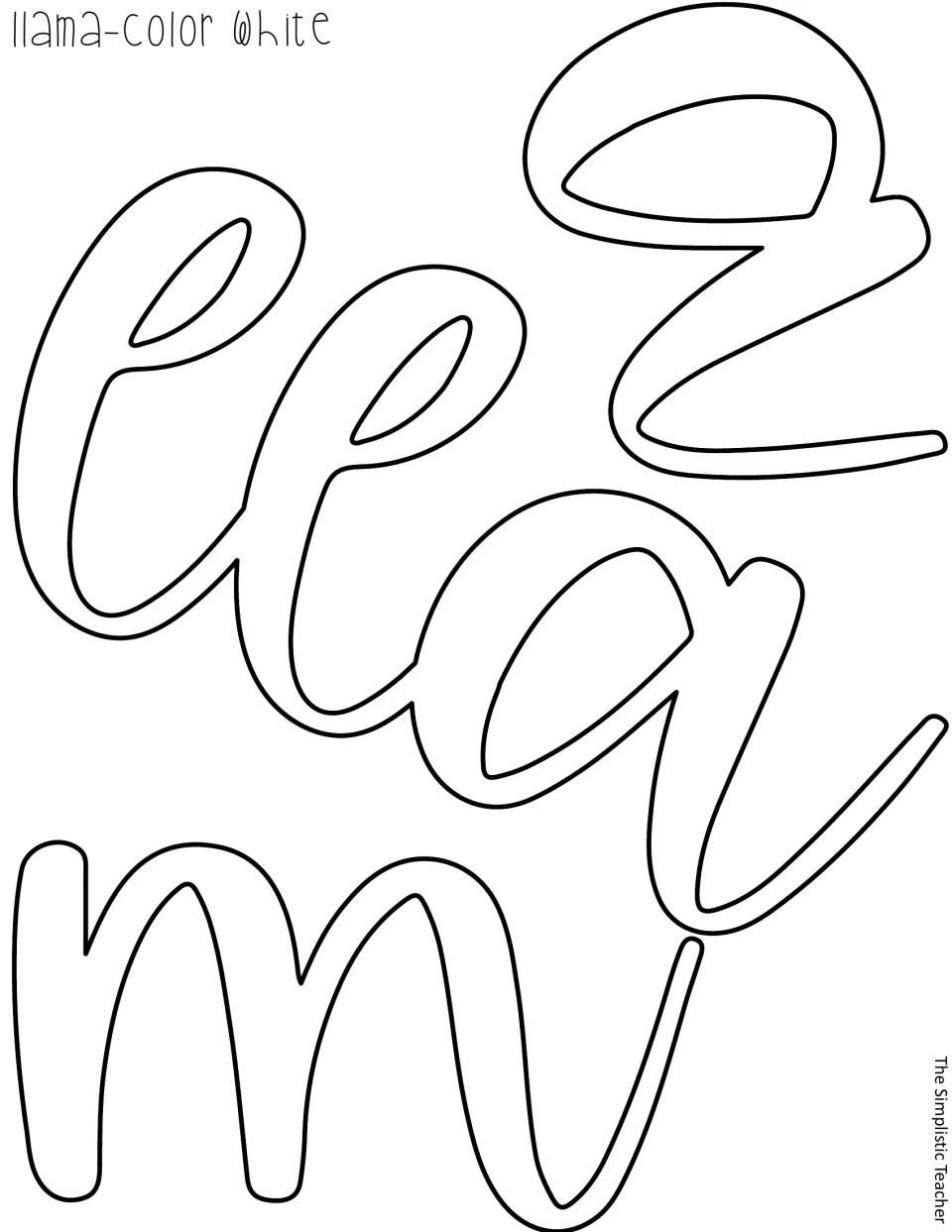 Outline cut-out of the cursive word 'llama', labeled color white, sized to fill the page for the door heading