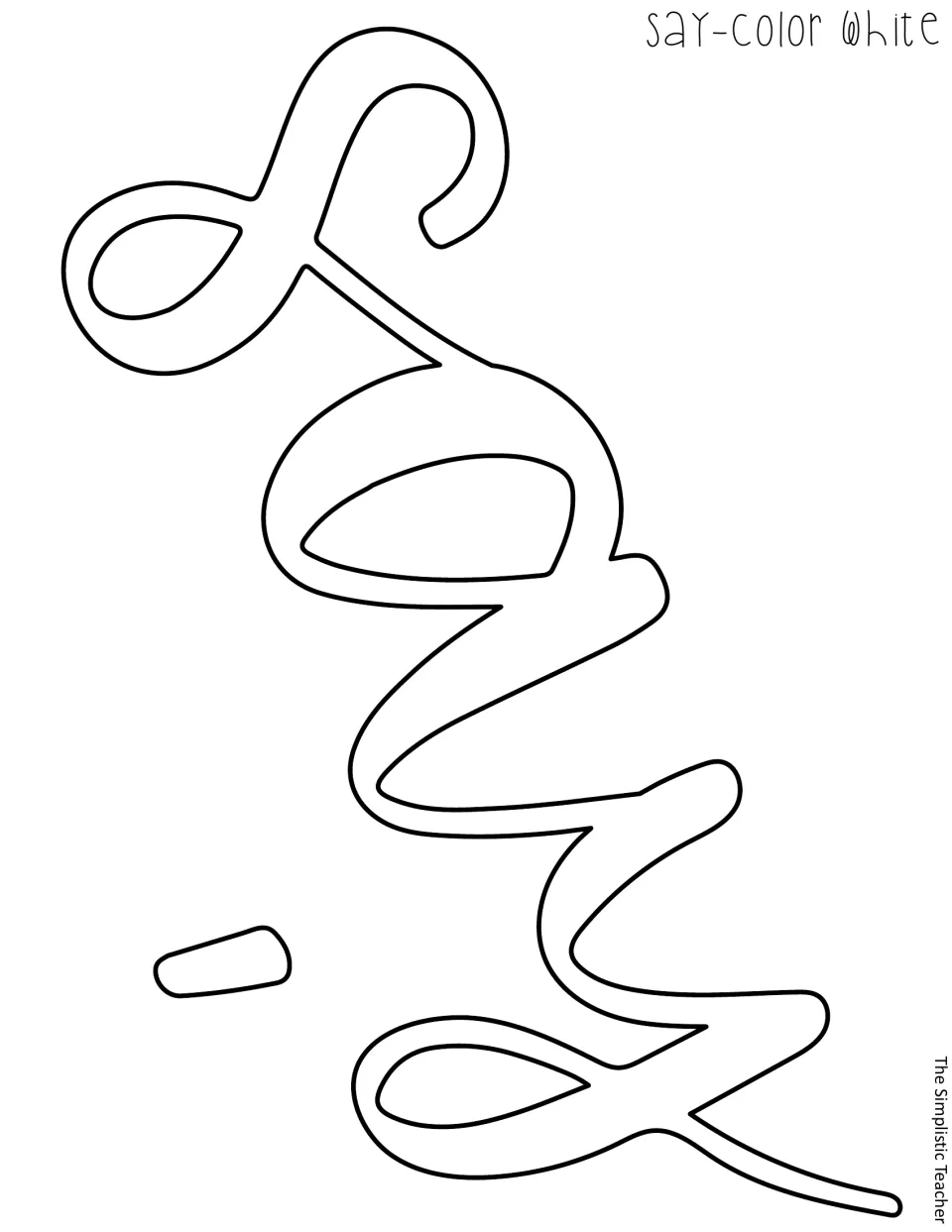 Outline cut-out of the cursive word 'say' with its comma, labeled color white, the second word of the door heading
