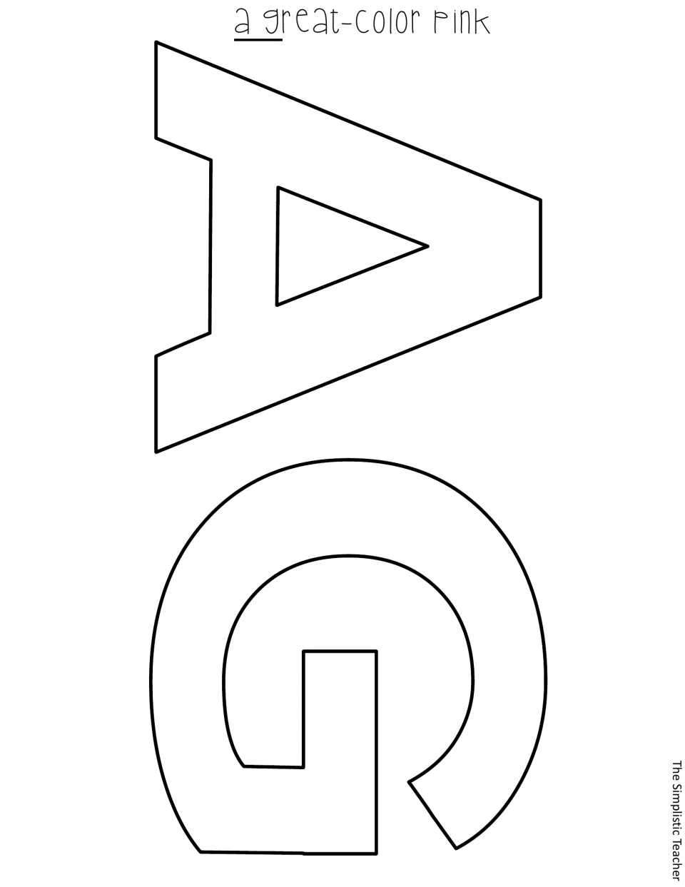 Letter templates A and G, cut-out pieces of the phrase 'a great', labeled color pink, printed sideways to fill the page