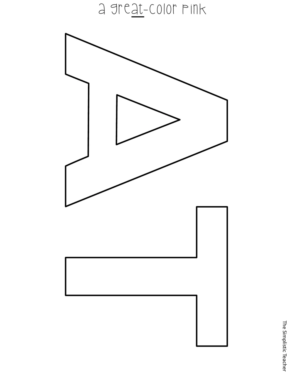 Letter templates A and T, the final cut-out pieces of the pink word 'great', outlined large and turned sideways on the sheet