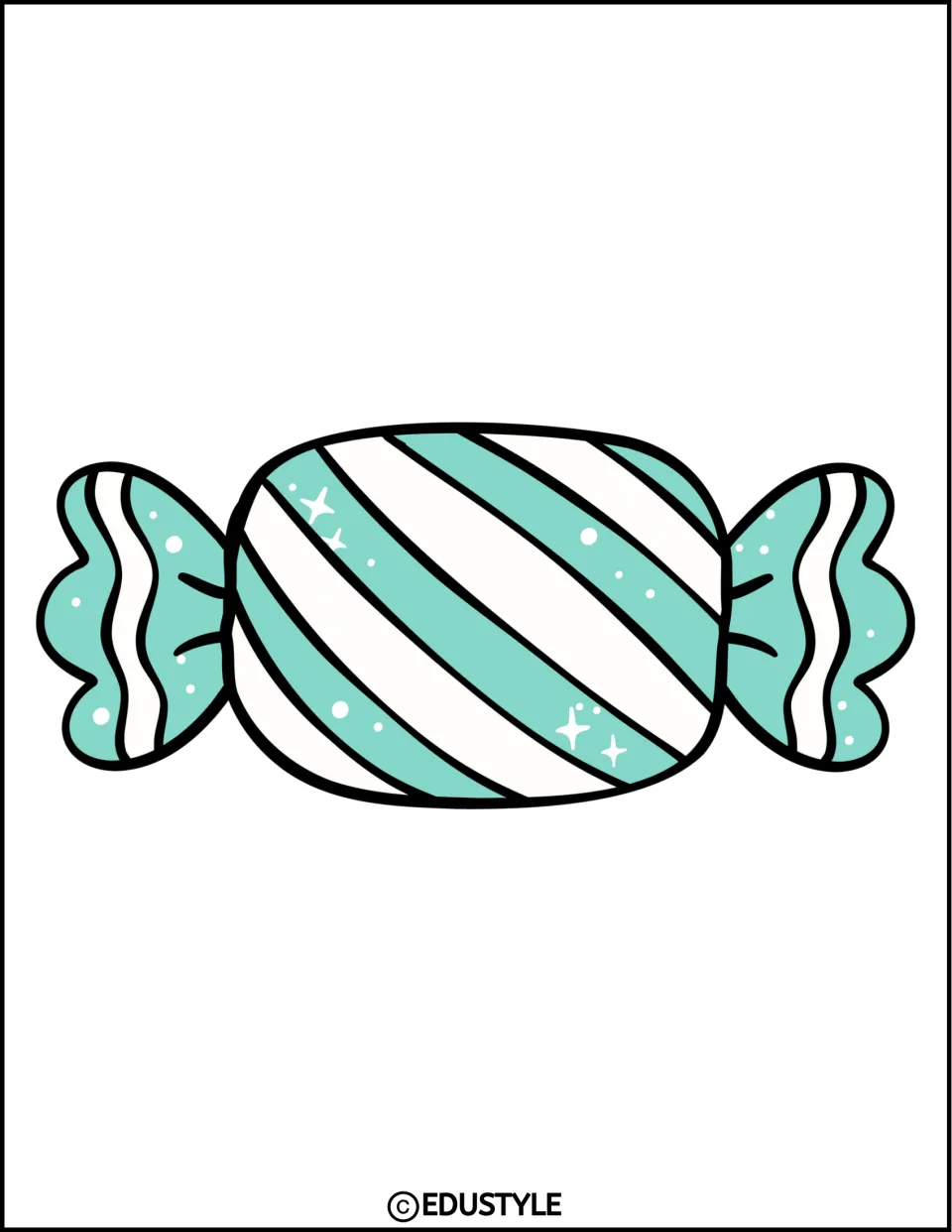 Teal and white striped candy cutout, shown horizontally on its own sheet for the Christmas classroom display