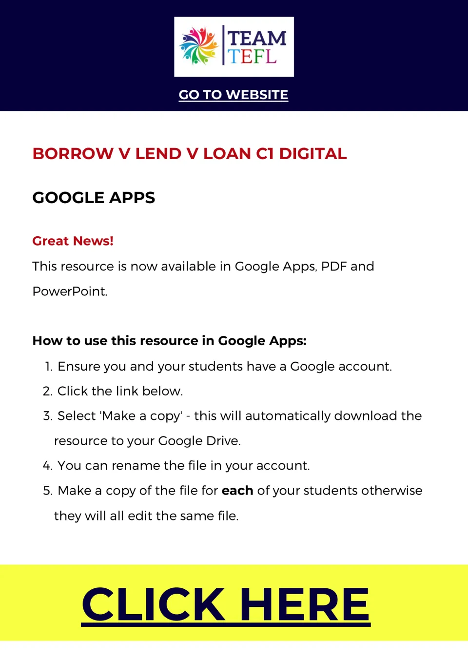 Google Apps access instructions for the C1 lesson on borrow, lend, and loan, including making student copies.