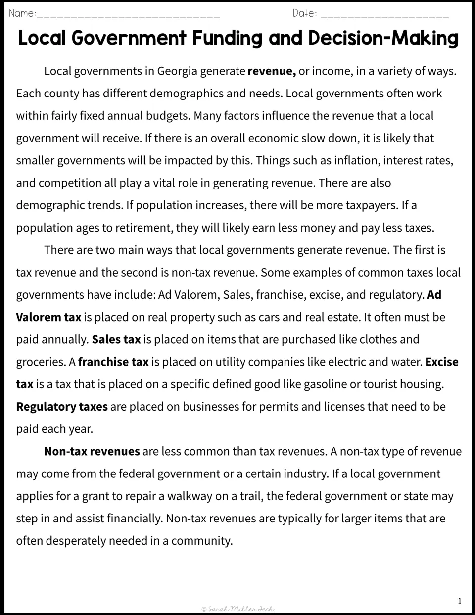 Reading passage explains Georgia local government budgets, five types of taxes, and non-tax revenue.