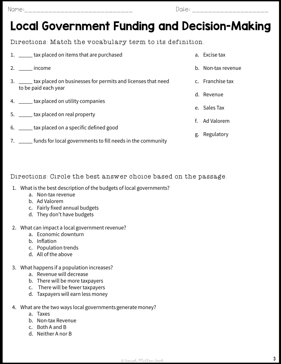 Seven vocabulary matches and questions 1–4 review local budgets, revenue factors, and population growth.