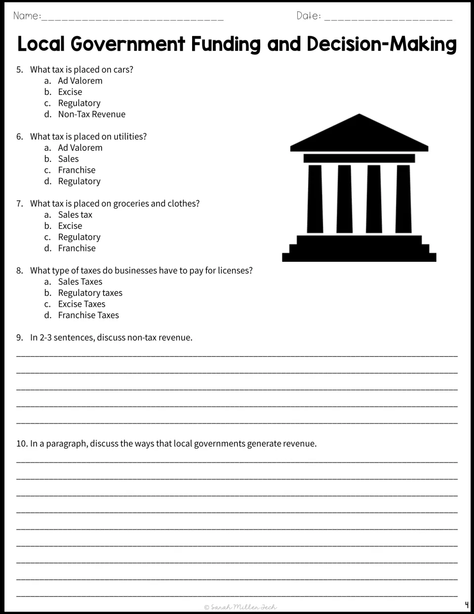 Questions 5–10 cover taxes on cars, utilities, purchases, and licenses, plus two revenue writing prompts.