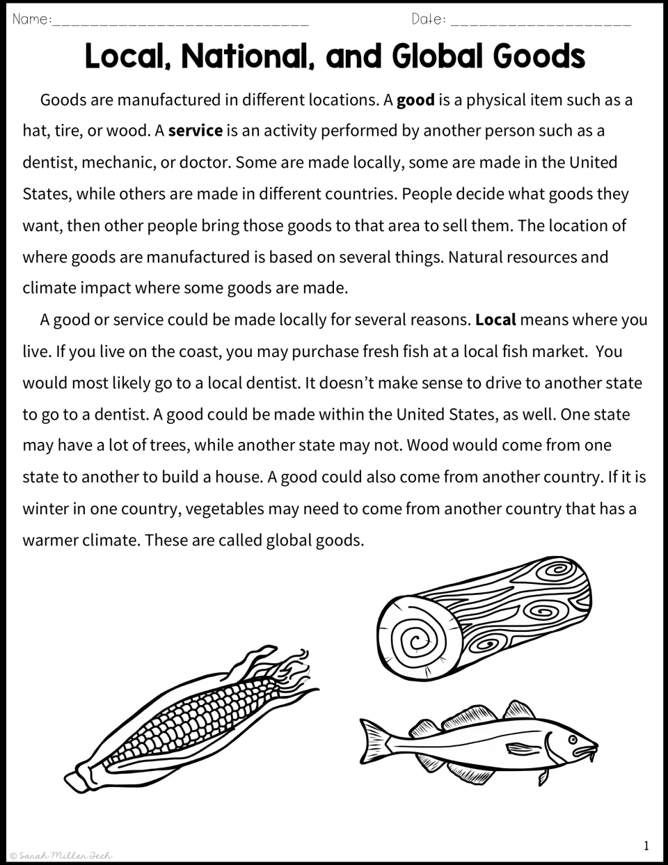 Reading passage on where goods come from: defines good, service and local, with fish, wood and vegetable examples
