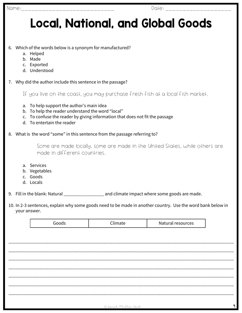 Goods passage questions 6-10: synonym, author's purpose and fill-in-the-blank items, then a 2-3 sentence response