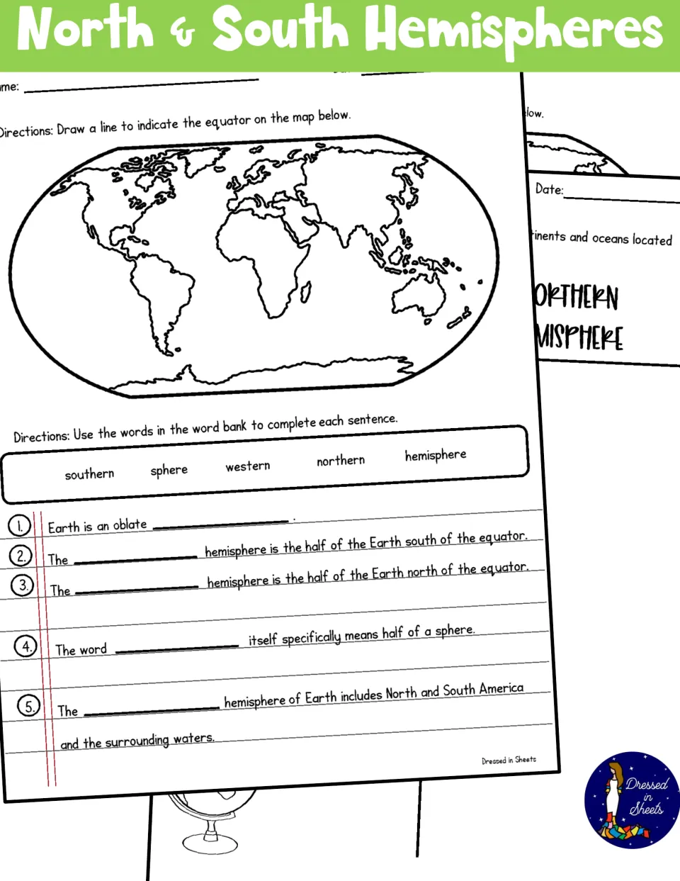 North & South Hemispheres cover showing the equator map and word bank worksheet over a hemisphere sorting chart