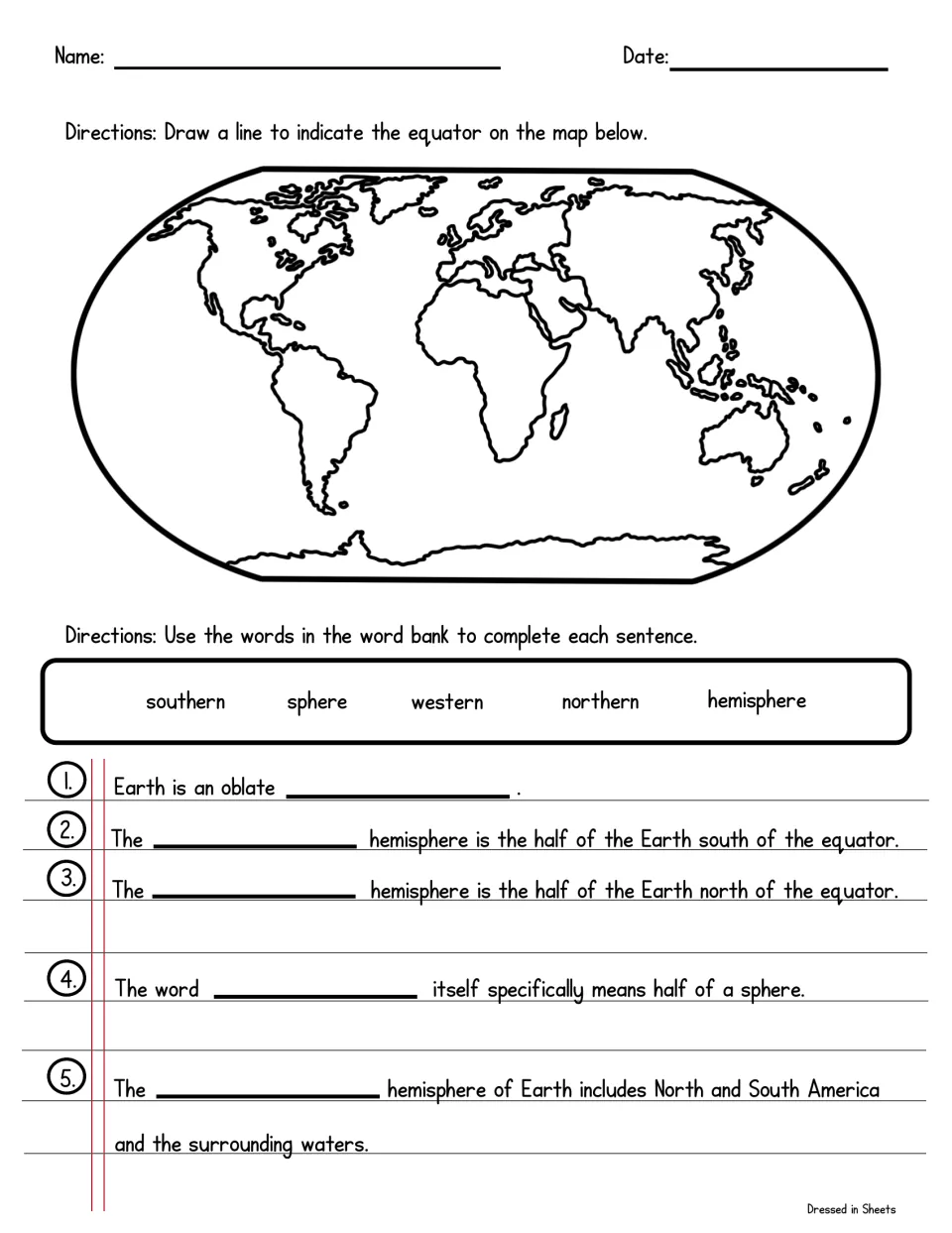 Equator and hemispheres: students draw the equator on a world map, then complete 5 sentences from a hemisphere word bank