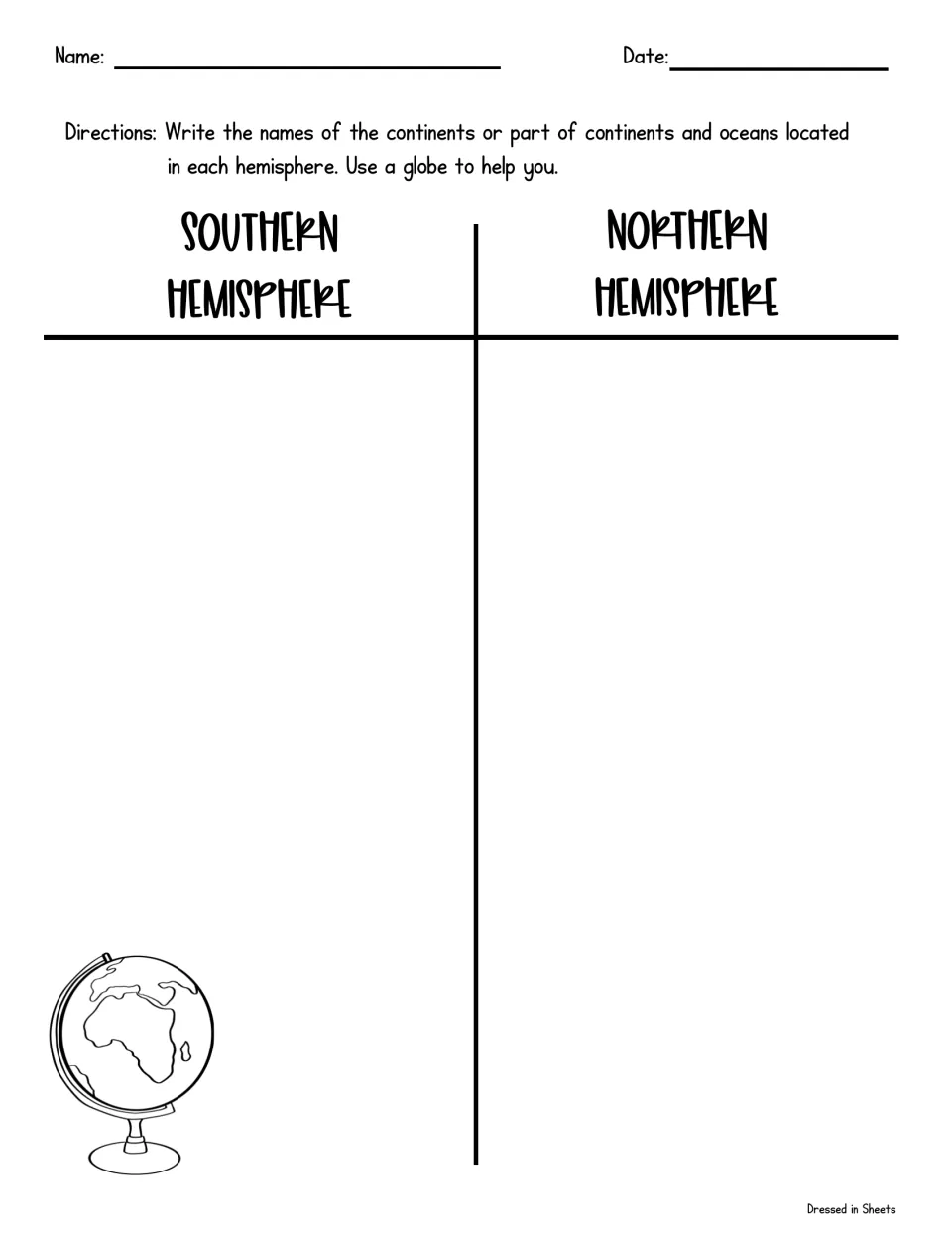 Hemisphere sort: students use a globe to list continents and oceans under Southern Hemisphere and Northern Hemisphere