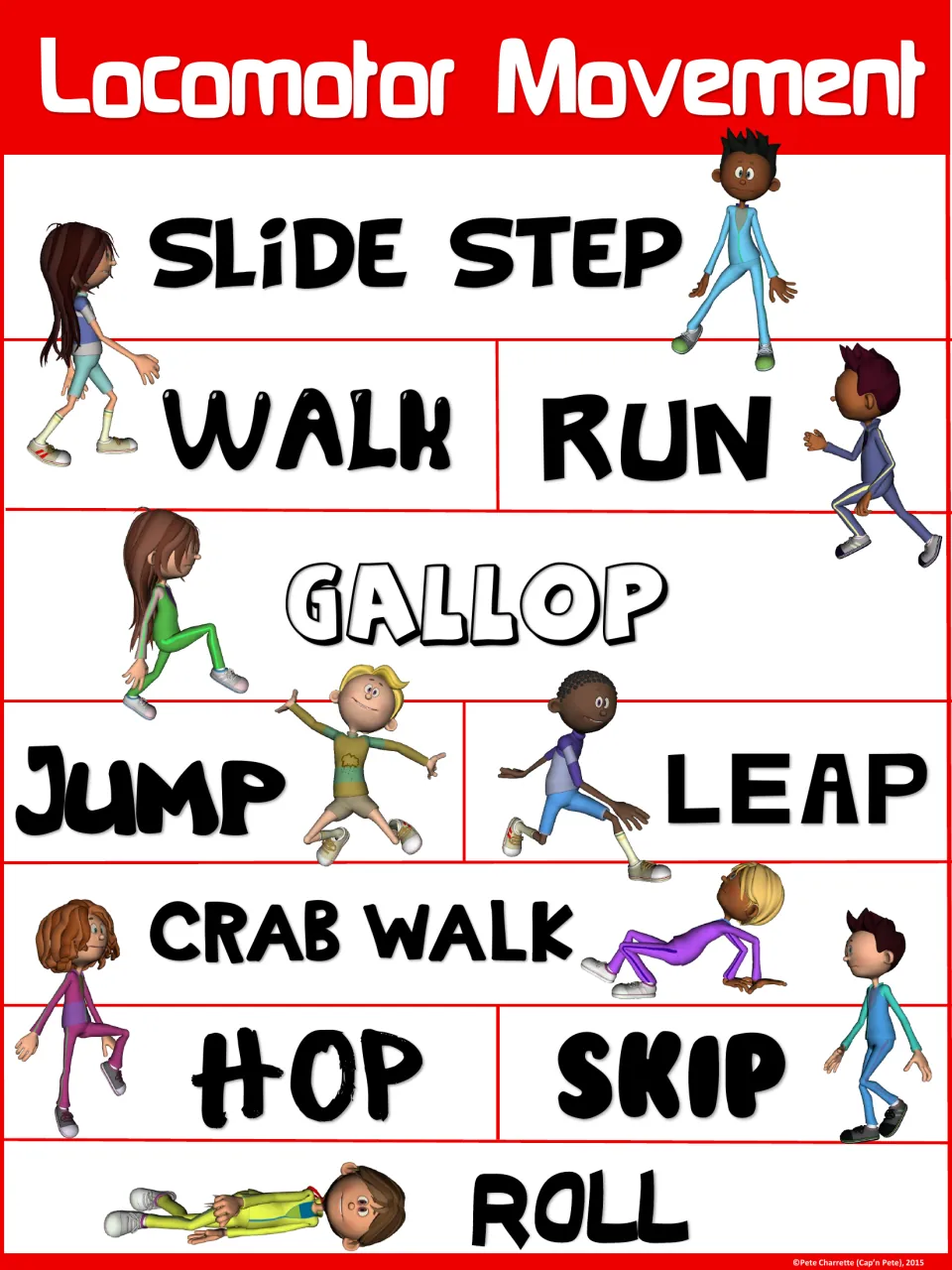Red version: 10 locomotor skills, from slide step and gallop to crab walk and roll, each shown by a cartoon child in motion