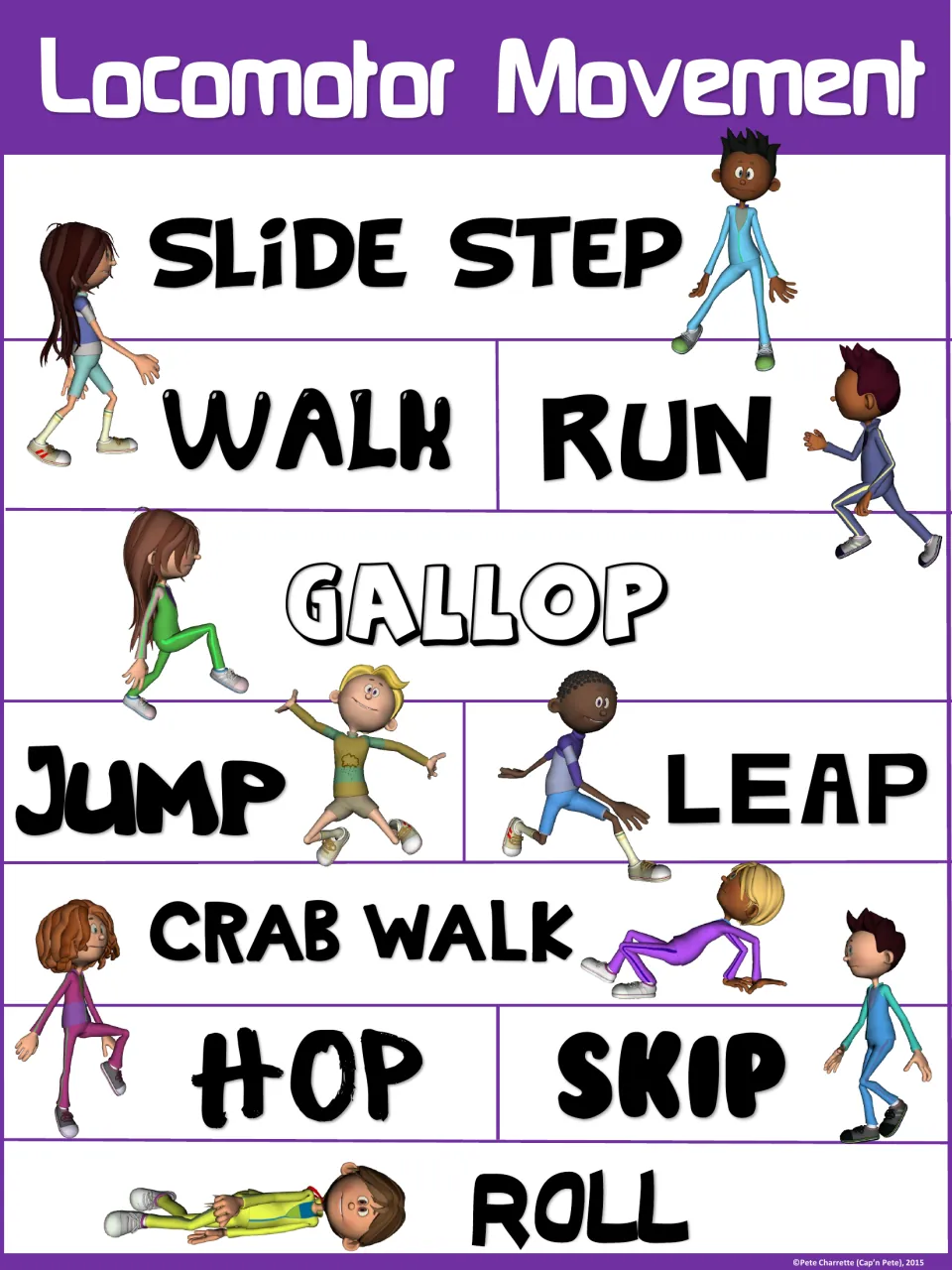 Purple color scheme of 10 locomotor movements, pairing each word such as hop, leap and gallop with a demonstrating figure