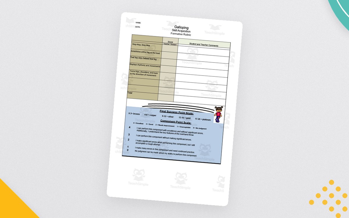 Locomotor Skills Rubric Bundle preview with running and galloping scoring sheets.