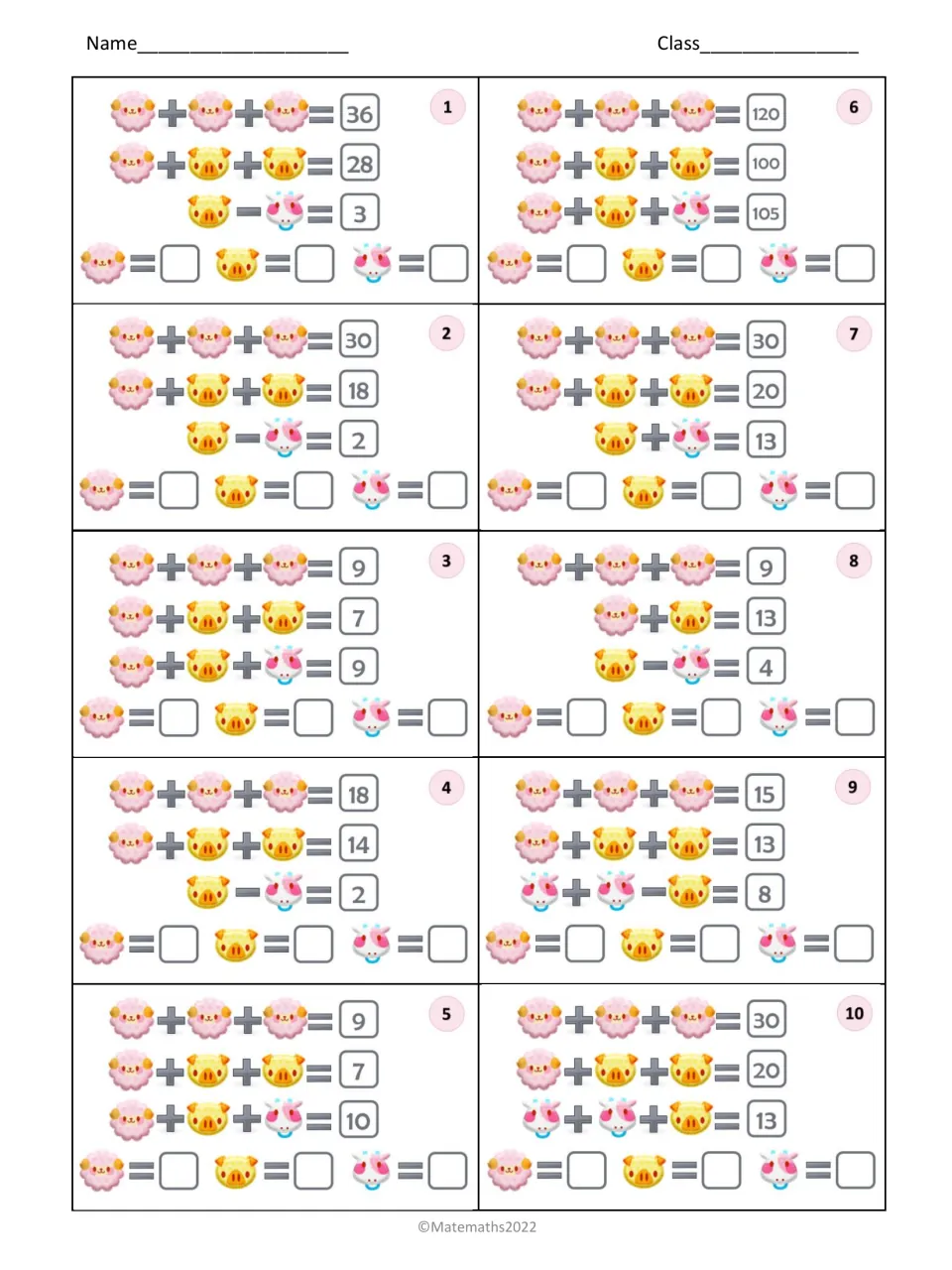 Visual math puzzles 1–10: find sheep, pig, and unicorn values using addition and subtraction equations.