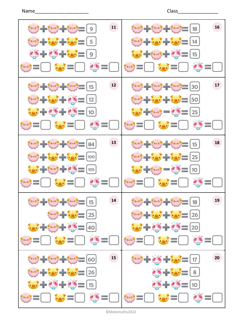 Visual math puzzles 11–20: solve animal equations, including three sheep totaling 84 in puzzle 13.