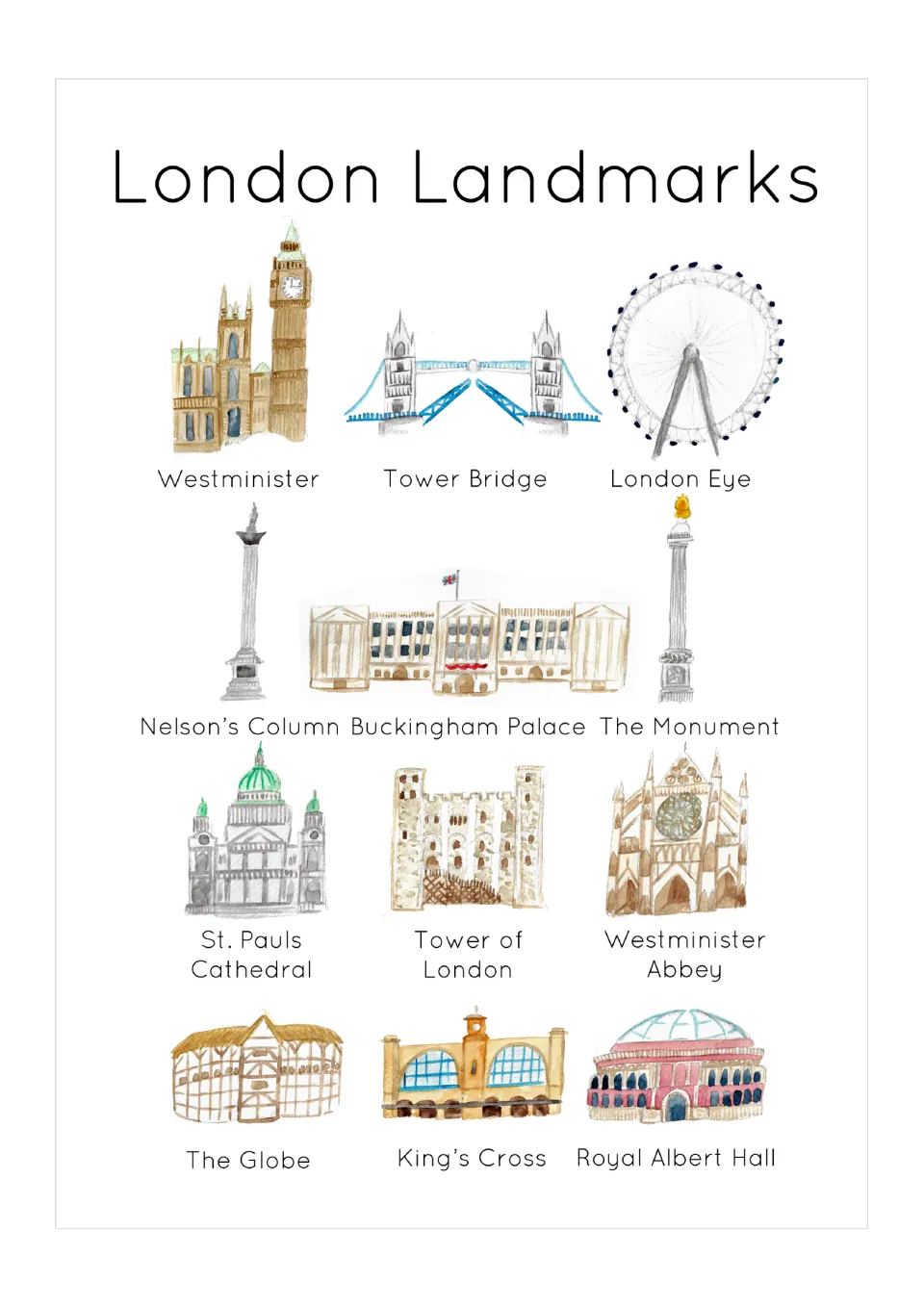 Cover poster titled London Landmarks showing 12 watercolour buildings, from Tower Bridge and London Eye to Royal Albert Hall